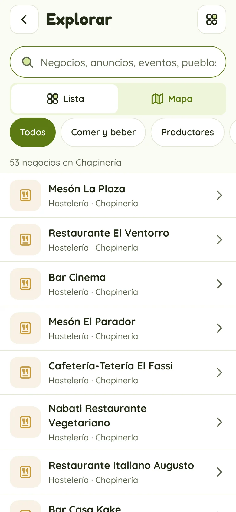 Pantalla «Explorar» con la lista de negocios de Chapinería
