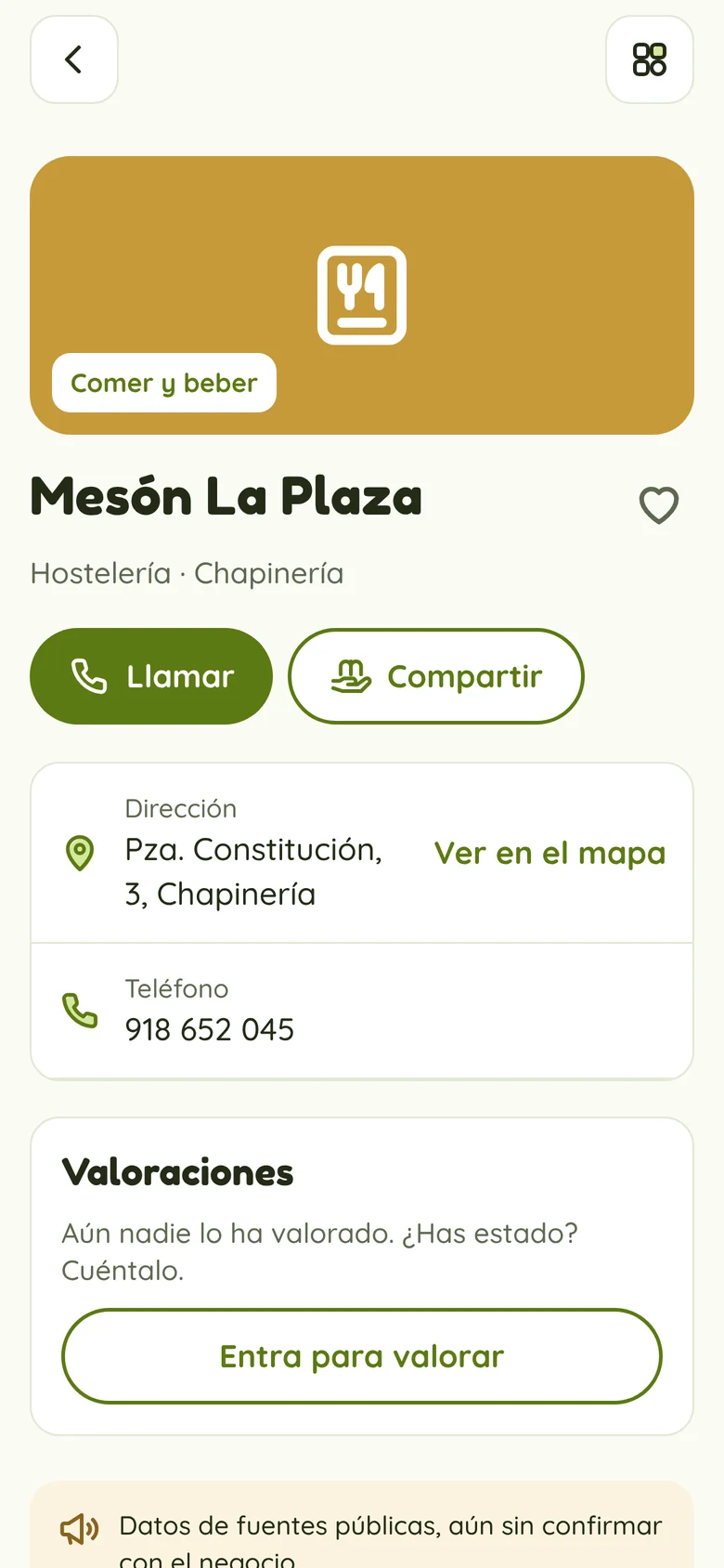 Ficha de un negocio en Mercano con botones Llamar y Compartir