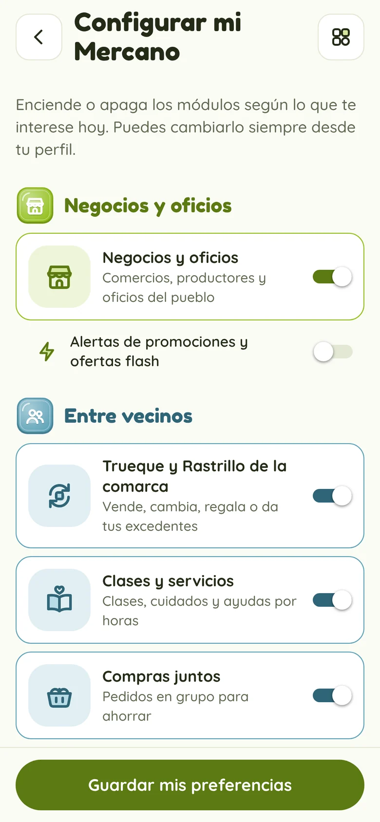 Pantalla «Configurar mi Mercano» con interruptores